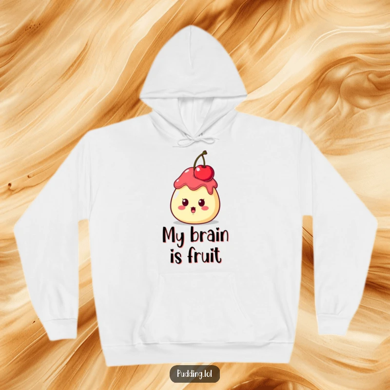 Funny Hoodie featuring a surprised pudding character with a cherry barely balanced on its head, embodying comical shock and surprise.