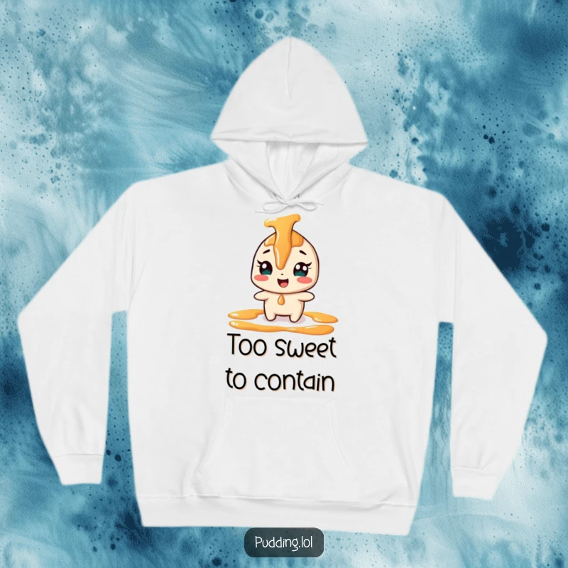 Funny giggling caramel sauce character wearing a hoodie, playfully drizzling, perfect for cozy, humorous wear.
