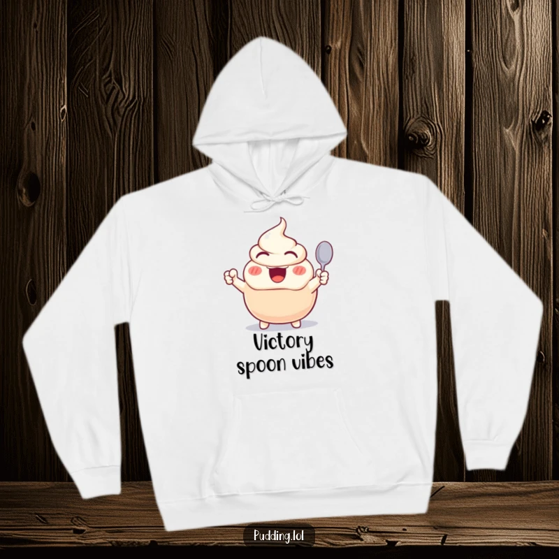 Funny hoodie showcasing an excited pudding character in a wild cheering pose, spoon aloft, perfect for cozying up with a sweet treat.