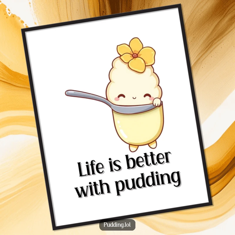 Funny Free Printable Wall Art: Shy vanilla pudding character hiding behind a spoon with shy eyes. Cute downloadable decor.