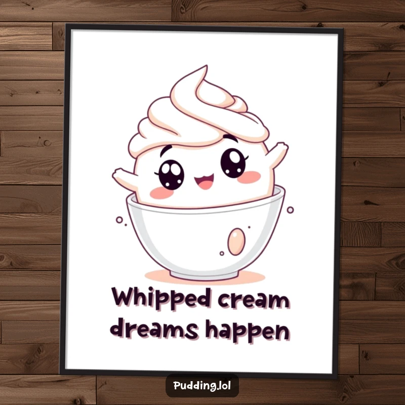 Funny Free Printable Wall Art: Pudding cup character with wide eyes tumbling gleefully into a fluffy bowl of whipped cream.