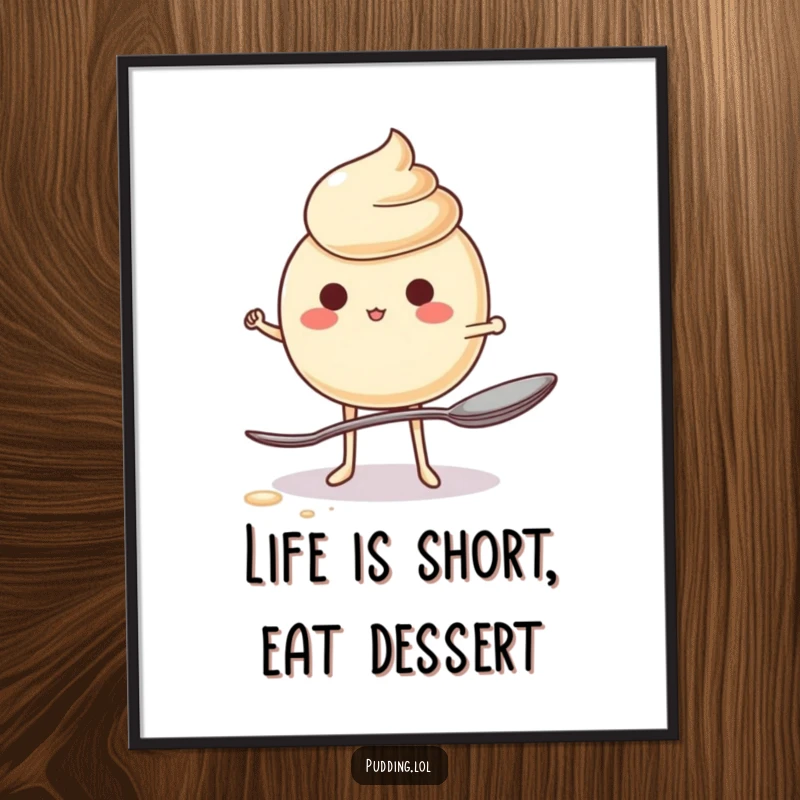 Funny Free Printable Wall Art: A wobbly pudding character attempts to balance on a tiny spoon, bringing quirky charm.