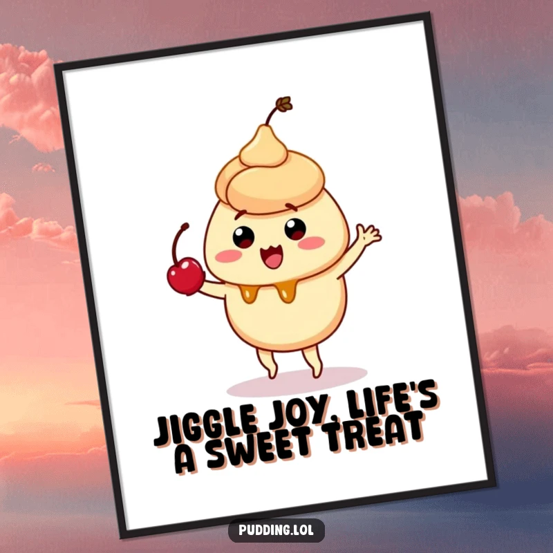 Free Printable Wall Art: A quivering caramel pudding character performs a silly dance with a cherry, adding fun decor.