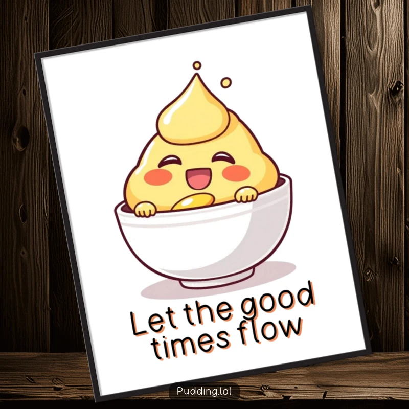 Funny Free Printable Wall Art: A laughing custard character gleefully pours itself into a bowl, radiating happiness and humor.