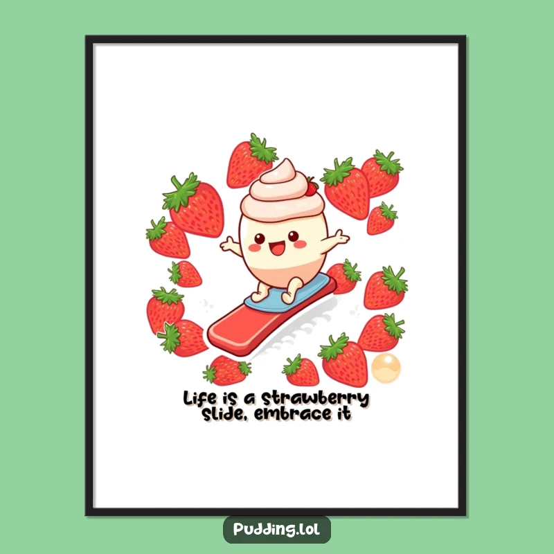 Free Printable Wall Art: Funny Pudding Surfing Strawberry Slide, Humorous Downloadable Decor