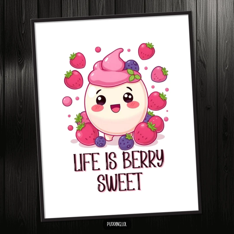 Funny free printable berry pudding wall art depicting a delighted pudding character joyfully surrounded by a playful cascade of bouncing berries.