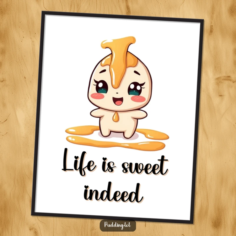 Funny Free Printable Wall Art: A giggling caramel sauce character playfully drizzling with a mischievous grin, adding sweet humor to the walls.