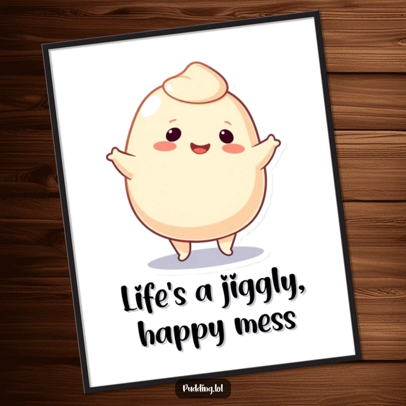 Funny free printable wall art: A smiling pudding blob character doing a jig, radiating happiness and playful energy.