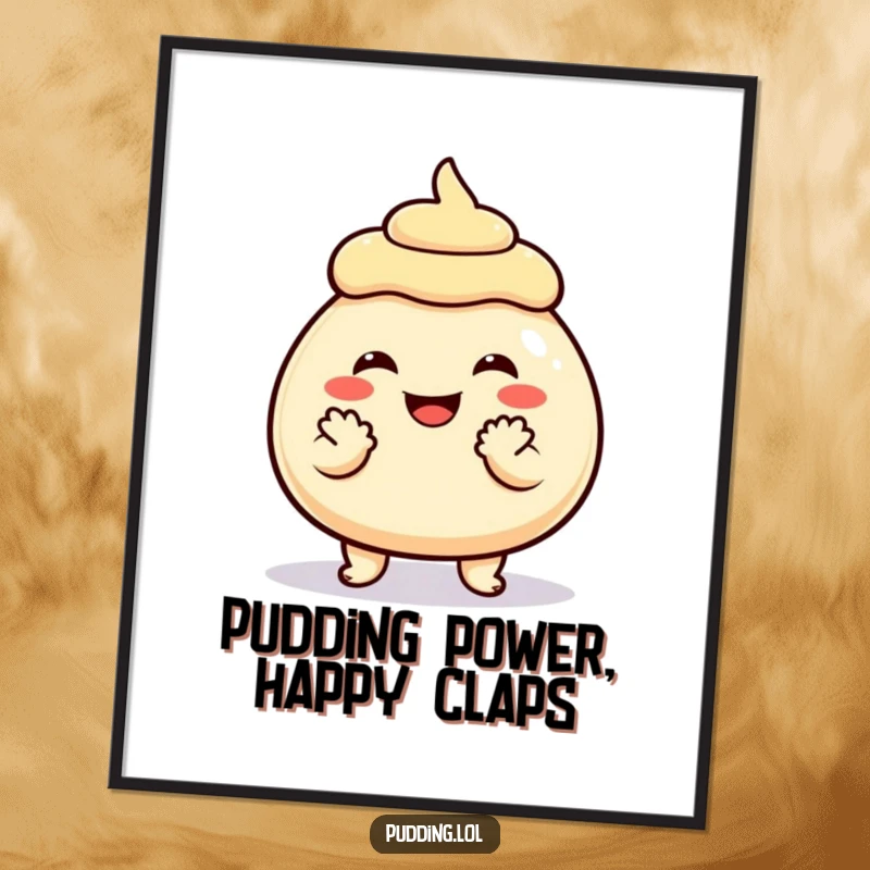 Funny Free Printable Wall Art: A grinning pudding character performs a happy clap with its small hands, radiating joy.