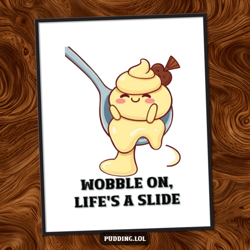 Funny free printable wall art of a wobbly pudding character having a blast sliding down a gigantic spoon like a waterslide.