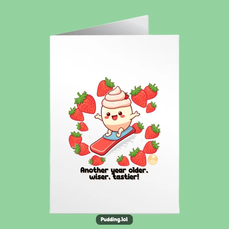 Free Printable Birthday Card: Funny Pudding Surfing Strawberry Slide Downloadable Gift