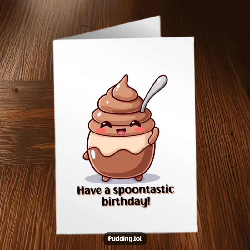 Funny Free Printable Birthday Card: A beaming chocolate pudding character with a spoon humorously stuck in its head, ready to party.