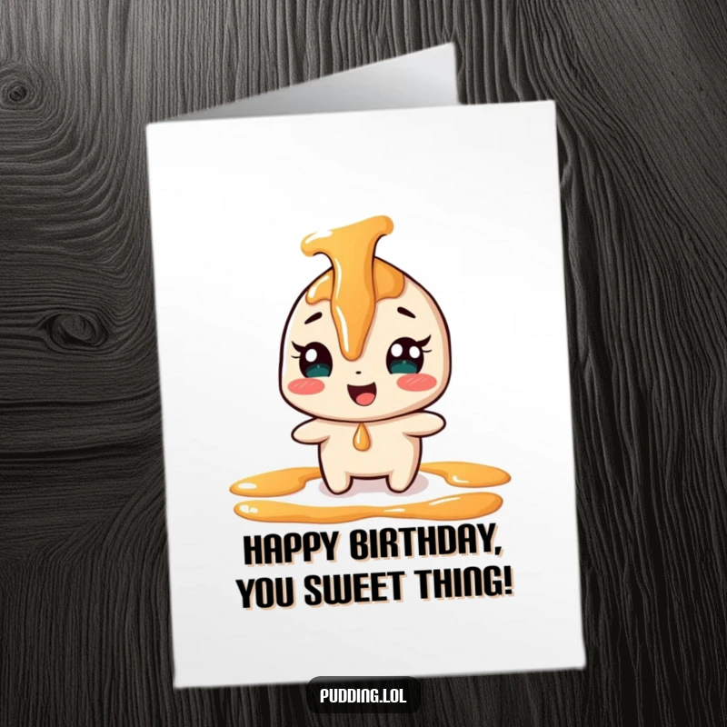 Funny Free Printable Birthday Card: A giggling caramel sauce character comically doodles and drizzles playfully, spreading birthday cheer.