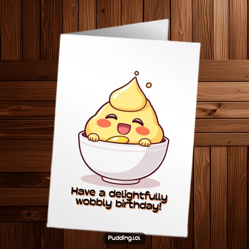Funny Free Printable Birthday Card: A happy custard character gleefully pours itself into a bowl, spreading infectious laughter.
