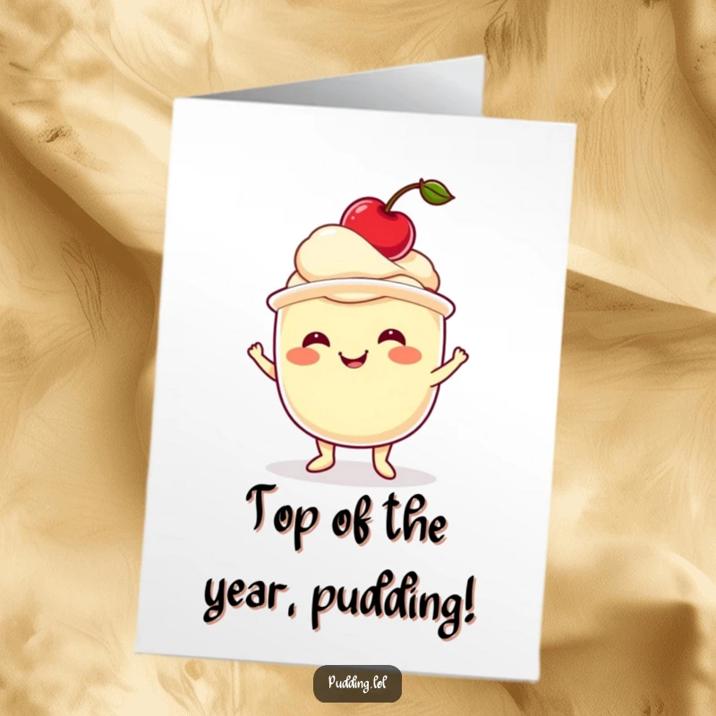 Funny Free Printable Birthday Card: Pudding cup character with a big grin wobbling while balancing a cherry on its head.