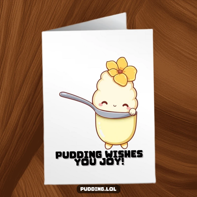 Funny Free Printable Birthday Card: Shy vanilla pudding character hiding behind a spoon with shy eyes. Sweet downloadable gift.