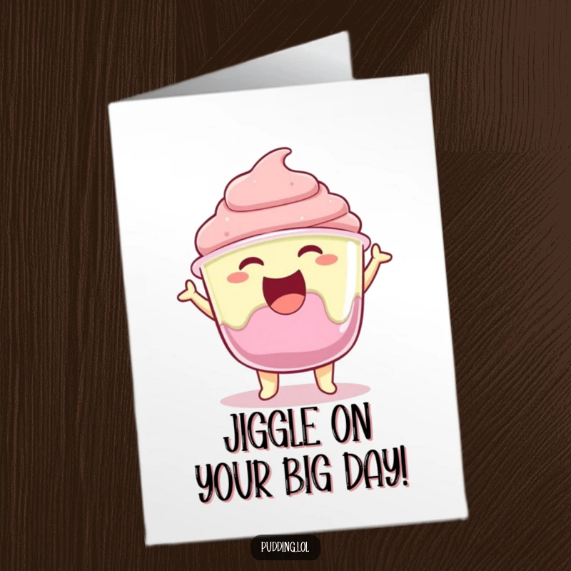 Funny free printable birthday card featuring a joyful pudding cup character enthusiastically jiggling its gelatin.