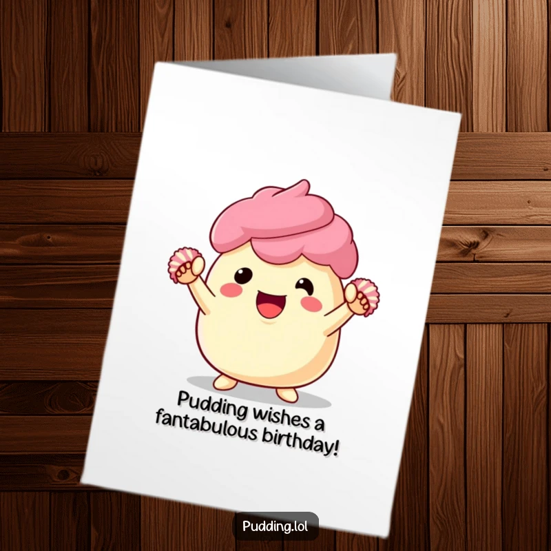 Funny Free Printable Birthday Card: Pudding character with pom-poms cheering wildly, a delightful and humorous DIY gift.