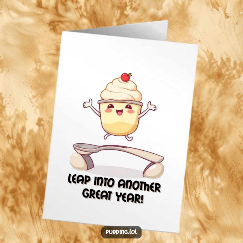 Funny Free Printable Birthday Card: Pudding character joyfully leaps over a spoon bridge, full of birthday energy.