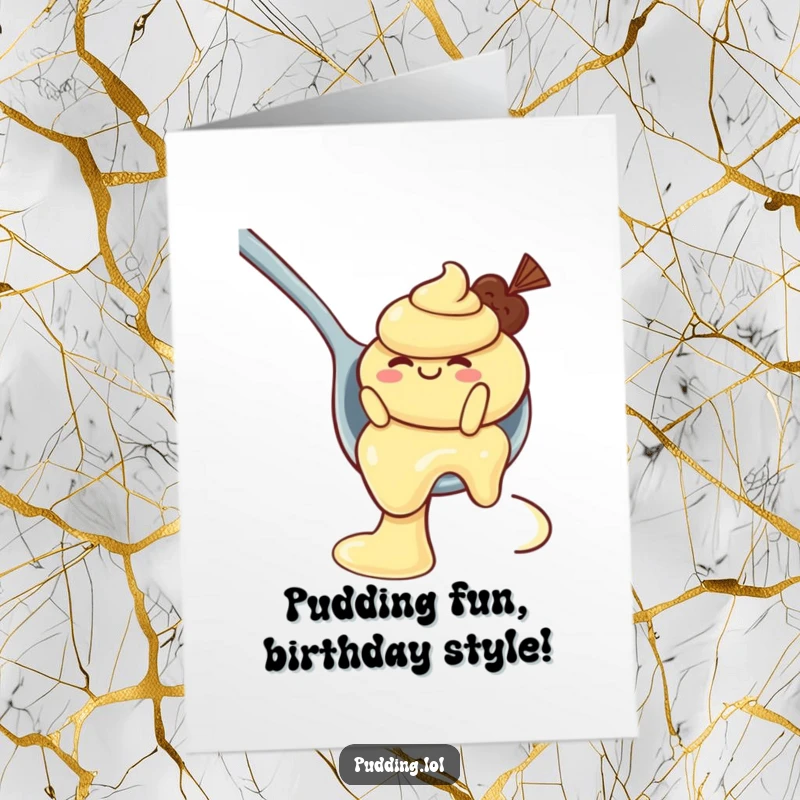 Funny free printable birthday card featuring a wobbly pudding character gleefully sliding down a giant spoon like a waterslide.
