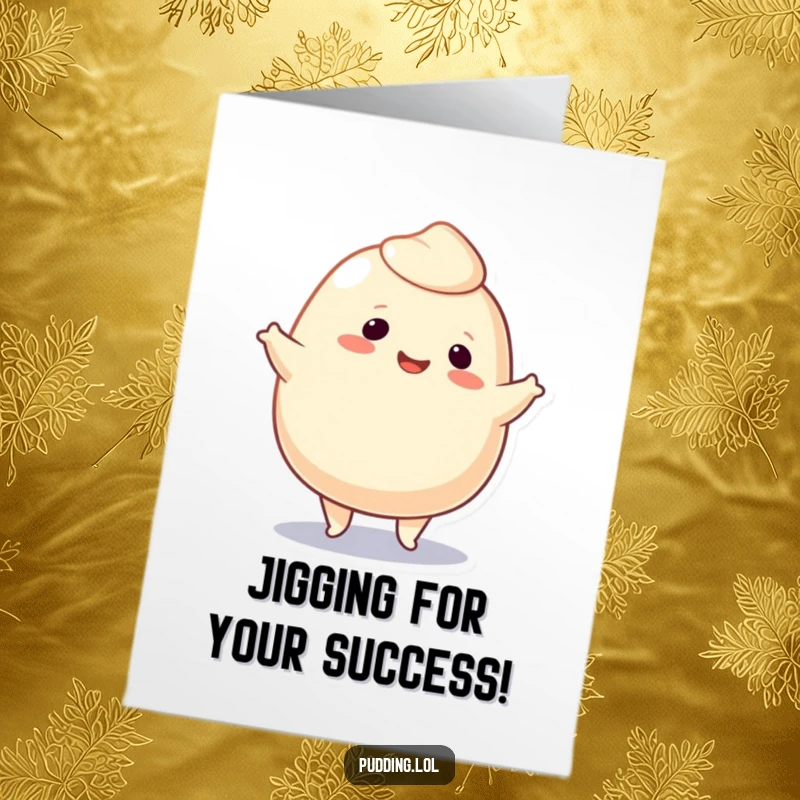 Funny free printable congratulations card: A happy pudding blob doing a jig, celebrating achievements with pure joy.