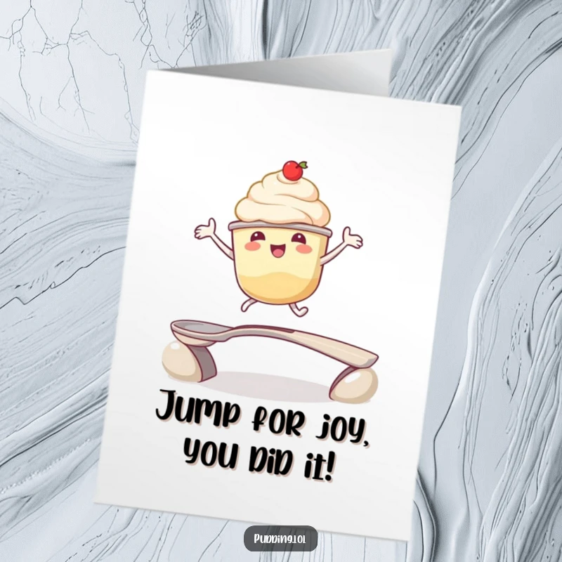 Funny Free Printable Congratulations Card: Pudding character leaping enthusiastically over a spoon bridge, celebrating success.
