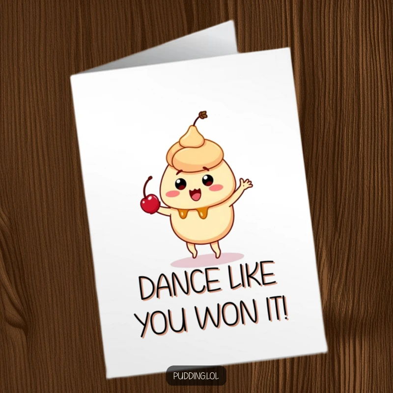Free Printable Congratulations Card: A caramel pudding character joyfully dances with a cherry, celebrating a big win.