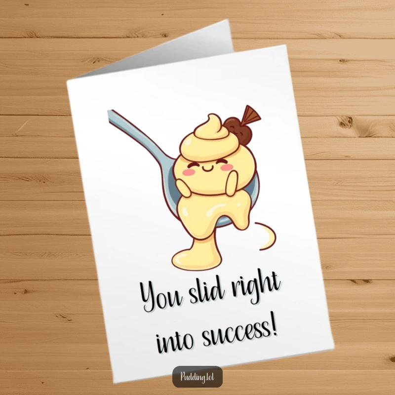 Funny free printable congratulations card depicting a wobbly pudding character joyfully sliding down a spoon, celebrating achievements.