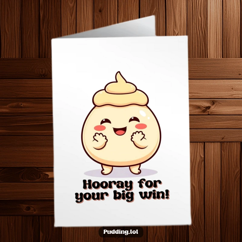 Funny Free Printable Congrats Card: A grinning pudding character claps happily with small hands, celebrating an achievement.