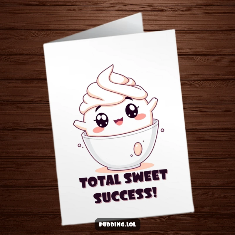 Funny Free Printable Congratulations Card: Pudding cup joyfully tumbling eyes wide into a bowl of fluffy whipped cream, celebrating a win.