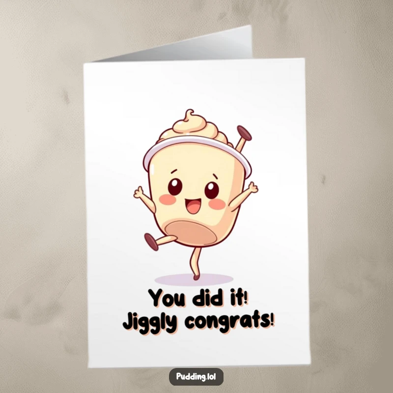 Free Printable Congratulations Card: A wobbly pudding cup character tries a clumsy somersault.