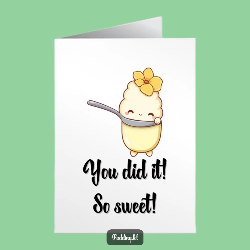Free Printable Congrats Card: Shy Pudding Spoon Peek Funny Downloadable