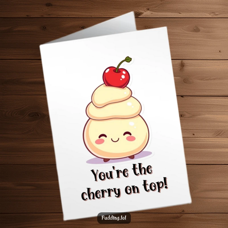 Funny free printable congratulations card showing a smiling pudding character demonstrating amazing balance with a cherry on its head.