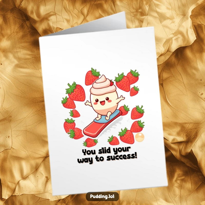Funny Free Printable Congratulations Card: Pudding character gleefully surfs a strawberry slide to celebrate success.