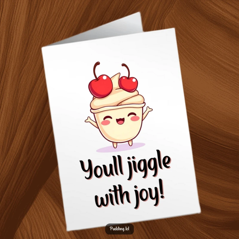 Funny Free Printable Congrats Card: A pudding cup character bouncing a cherry on its head, celebrating success with glee, printable art.
