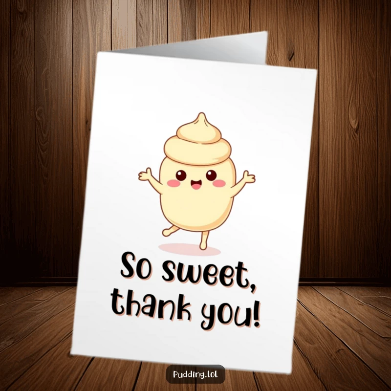 Funny free printable vanilla pudding thank you card featuring a playful pudding character dancing a happy jig to show sincere appreciation.