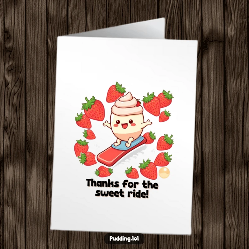 Funny Free Printable Thank You Card: Pudding character surfing a strawberry slide with a grateful expression.