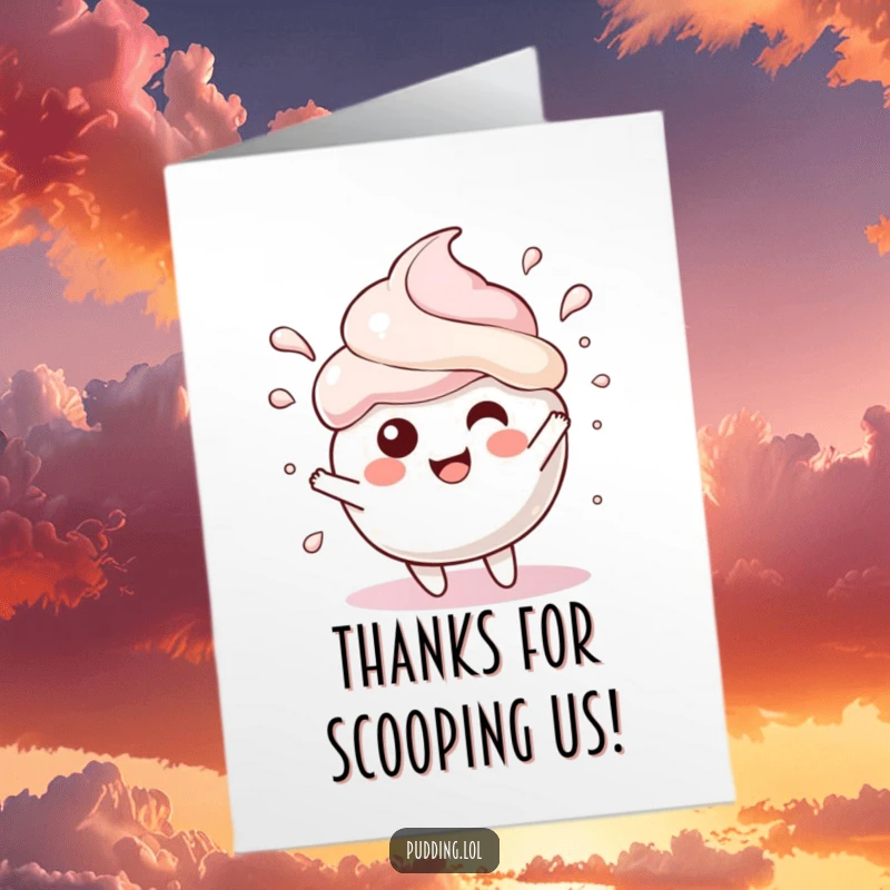 Funny free printable thank you card: A pudding scoop character splashing gleefully, conveying thanks with a joyful water show.