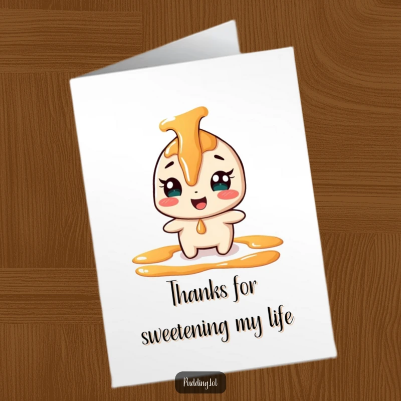 Funny Free Printable Thank You Card: A giggling caramel sauce character playfully drizzles, sending sweet and funny thanks with a smile.