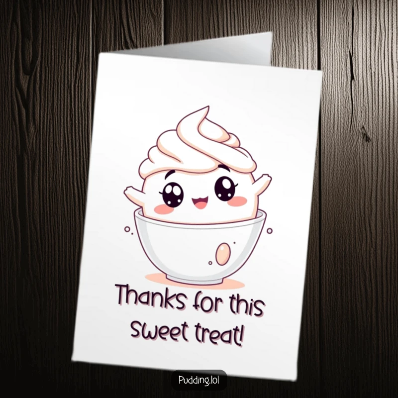 Funny Free Printable Thank You Card: Pudding cup character tumbling joyfully into whipped cream with wide eyes, a messy thank you.