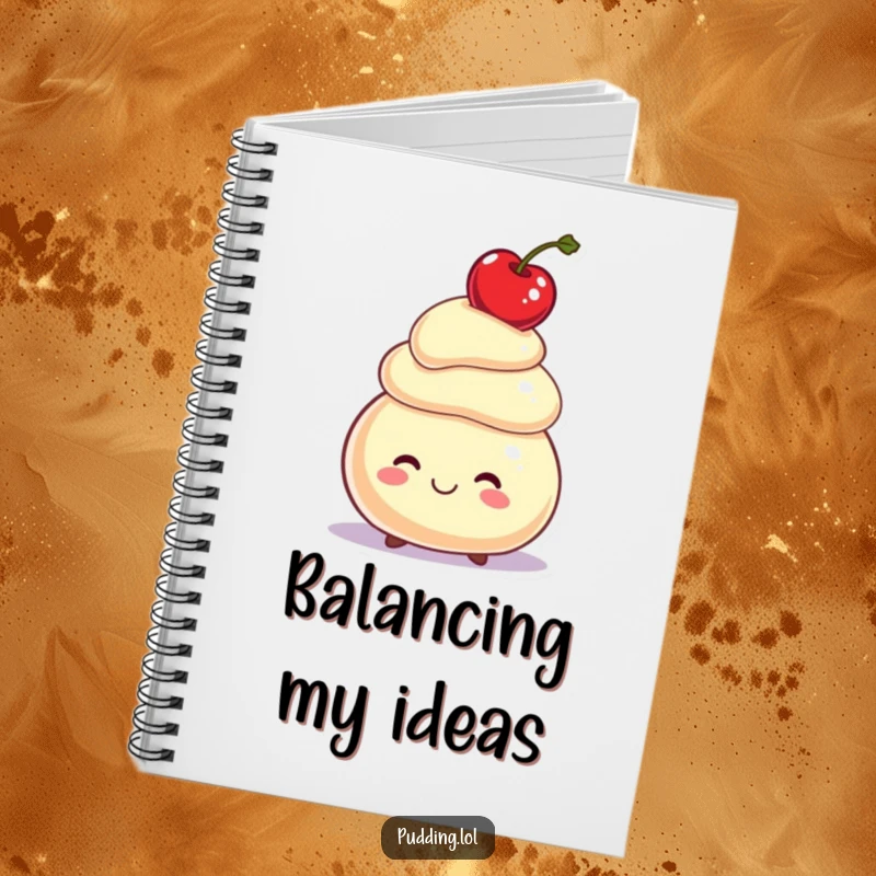 Funny Notebook: A smiling pudding character balances a cherry on its head, perfect for recording balanced thoughts and creative ideas.