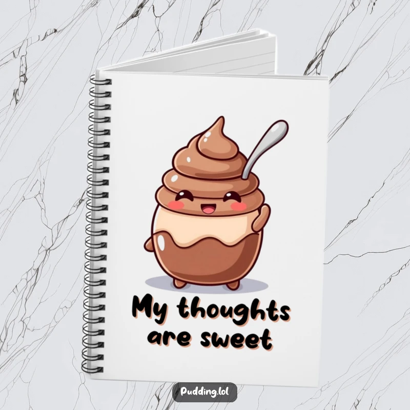 Funny beaming chocolate pudding character with a spoon stuck in it on a notebook cover, ready to hold your sweet ideas.