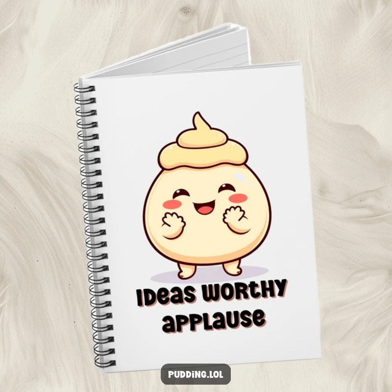 Funny Notebook with a grinning pudding character clapping happily, encouraging cheerful note-taking and idea generation.