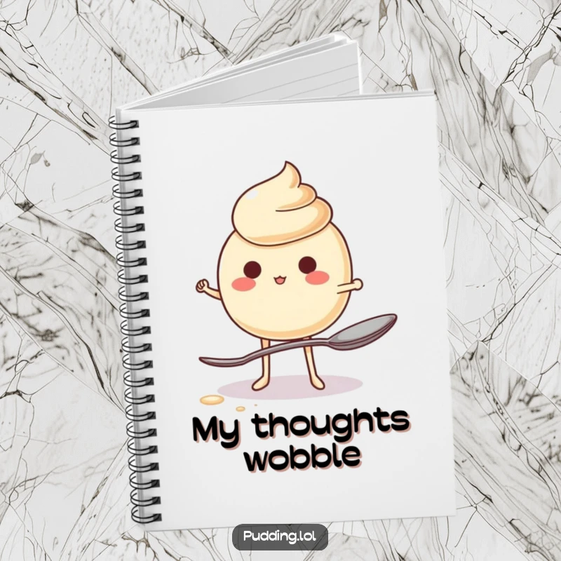 Funny Notebook with a jiggling pudding character precariously balancing on a single spoon, encouraging creative and humorous note-taking.