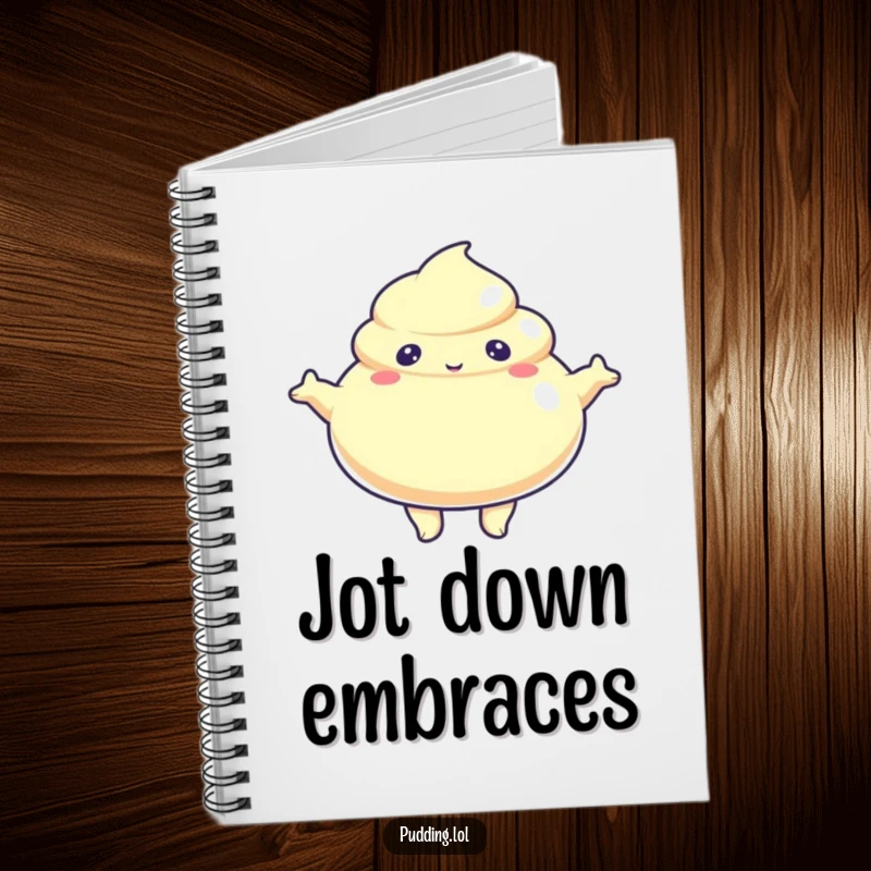Funny Notebook featuring a jiggly pudding character with arms outstretched, perfect for jotting down warm thoughts and friendly ideas.