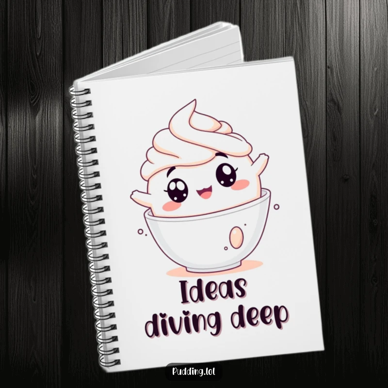 Funny pudding notebook with a jiggly pudding cup tumbling into whipped cream on the cover, inspiring happy note-taking.
