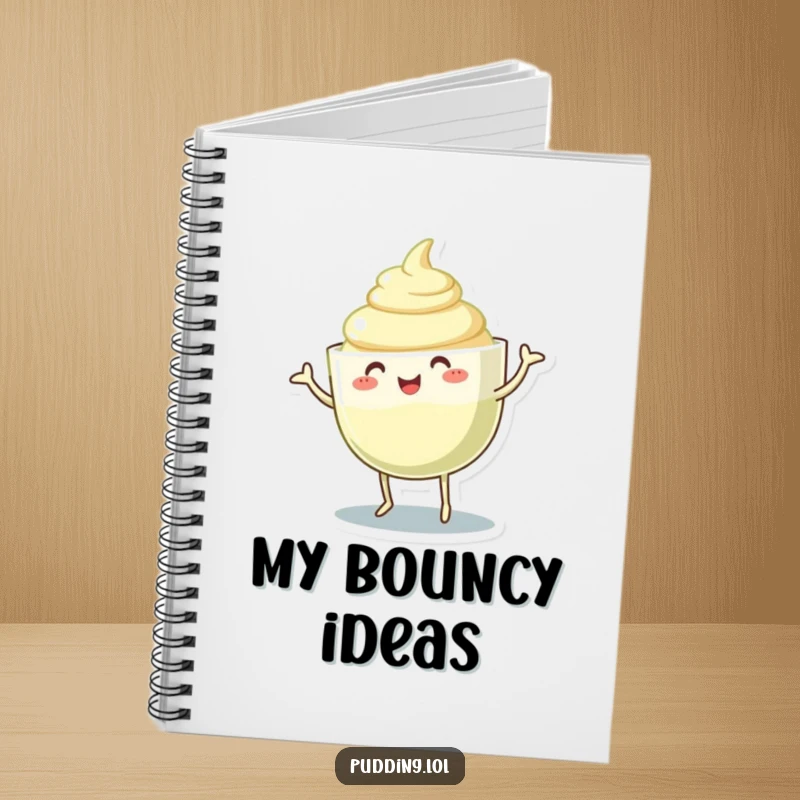 Funny pudding cup notebook featuring a character dancing and wiggling its gelatinous body, ideal for jotting down notes with silly fun.