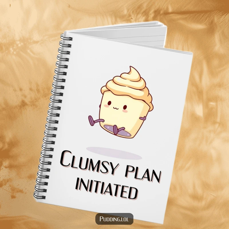 Funny Notebook: A pudding cup character with legs attempts a clumsy somersault, perfect for recording adventurous thoughts and creative ideas.