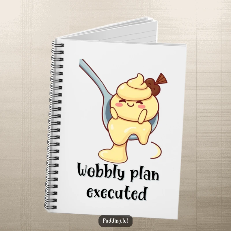 Funny Notebook: A wobbly pudding character slides down a spoon, perfect for recording sweet thoughts and creative ideas.