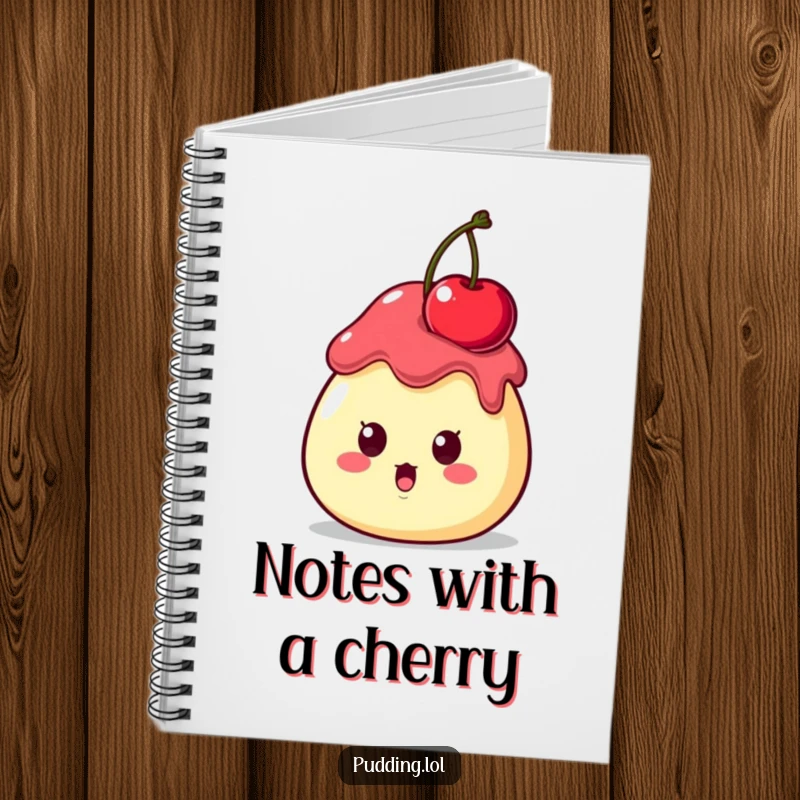 Funny Notebook with a surprised pudding character sporting a cherry on its head, encouraging whimsical note-taking.